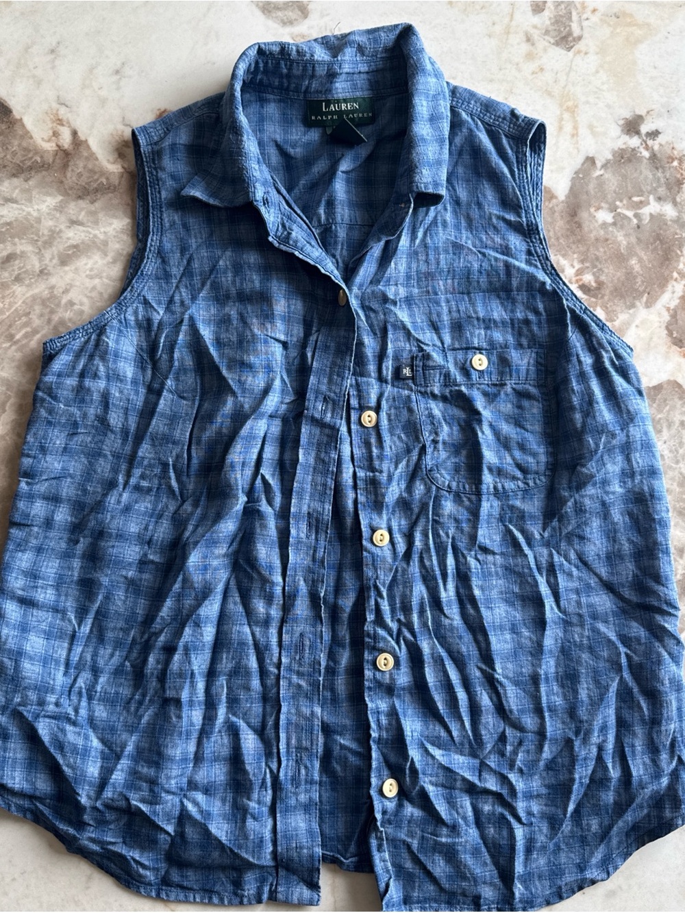 Lauren Ralph Lauren Blue Checkered Plaid Linen Sleeveless Button-Up Top